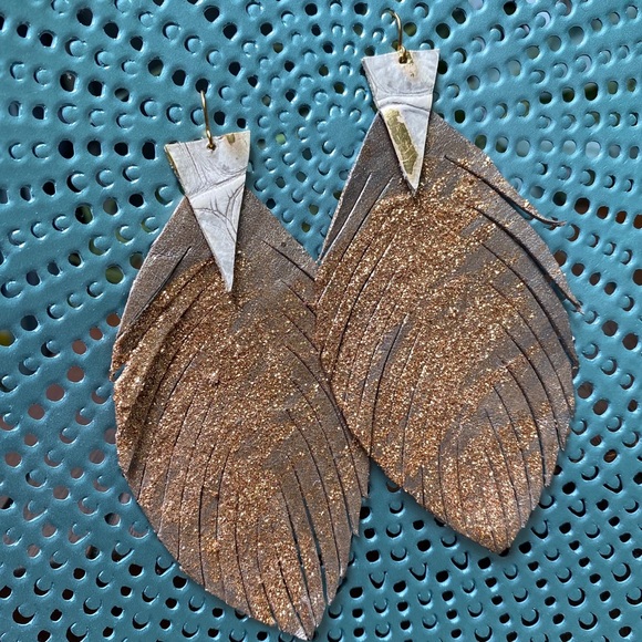 Leather Feather Drop Earrings - Picture 4 of 8